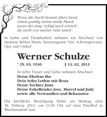 Traueranzeige von Werner Schulze von Märkische Oderzeitung