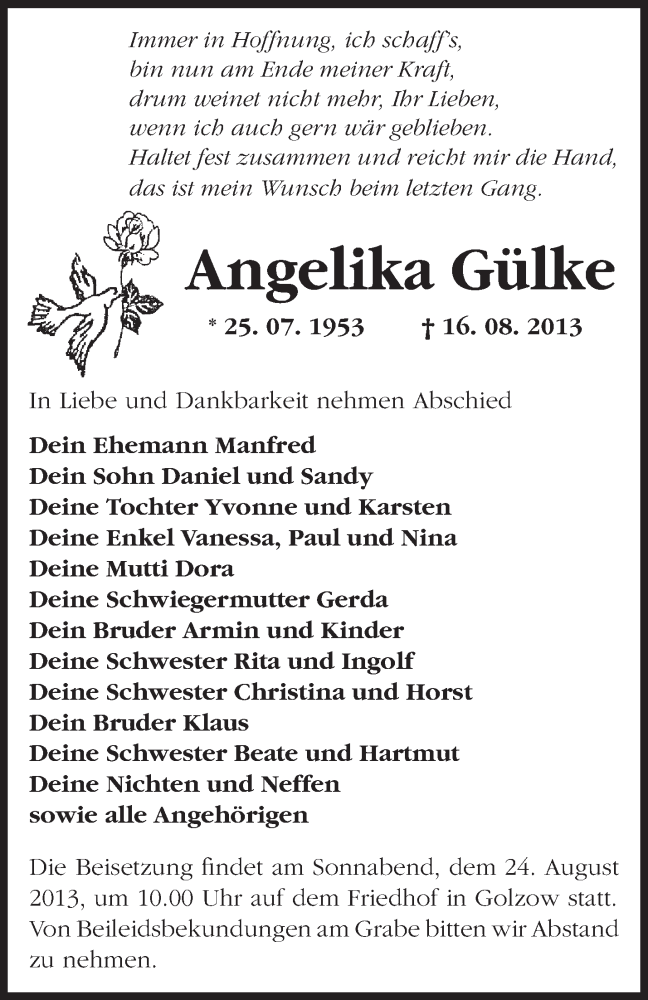  Traueranzeige für Angelika Gülke vom 21.08.2013 aus Märkische Oderzeitung