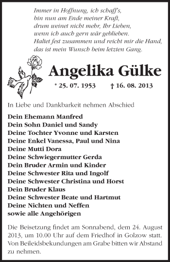 Traueranzeige von Angelika Gülke von Märkische Oderzeitung