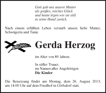 Traueranzeige von Gerda Herzog von Märkische Oderzeitung