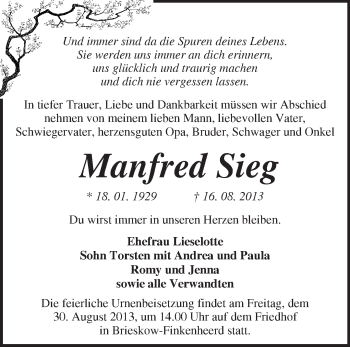 Traueranzeige von Manfred Sieg von Märkische Oderzeitung