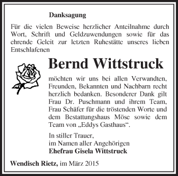 Traueranzeige von Bernd Wittstruck von Märkische Oderzeitung