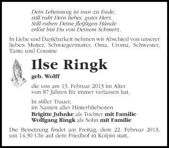 Traueranzeige von Ilse Ringk von Märkische Oderzeitung