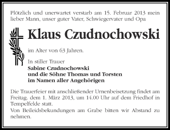 Traueranzeige von Klaus Czudnochowski von Märkische Oderzeitung