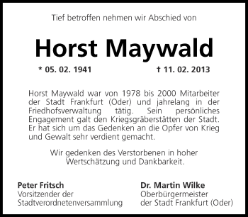 Traueranzeige von Horst Maywald von Märkische Oderzeitung