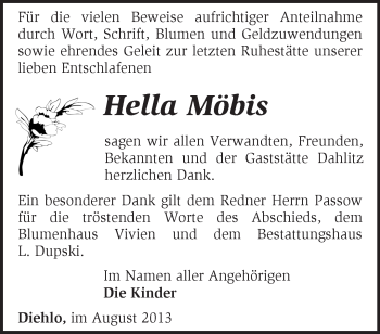 Traueranzeige von Hella Möbis von Märkische Oderzeitung