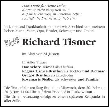 Traueranzeige von Richard Tismer von Märkische Oderzeitung