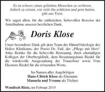 Traueranzeige von Doris Klose von Märkische Oderzeitung