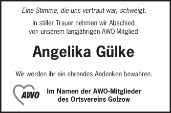Traueranzeige von Angelika Gülke von Märkische Oderzeitung