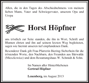 Traueranzeige von Horst Höpfner von Märkische Oderzeitung