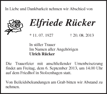 Traueranzeige von Elfriede Rücker von Märkische Oderzeitung