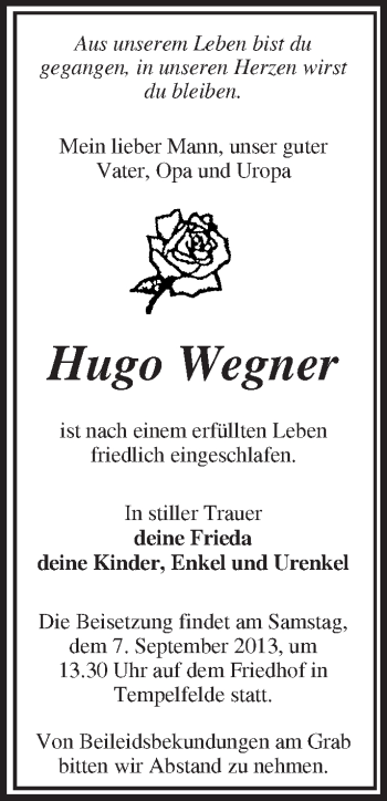 Traueranzeige von Hugo Wegner von Märkische Oderzeitung