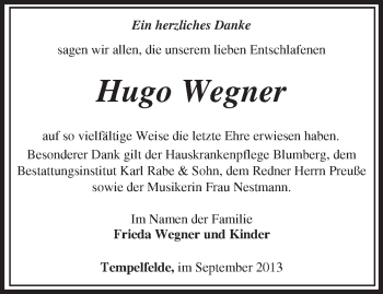 Traueranzeige von Hugo Wegner von Märkische Oderzeitung