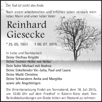 Traueranzeige von Reinhard Giesecke von Märkische Oderzeitung