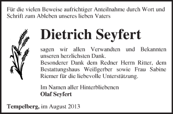 Traueranzeige von Dietrich Seyfert von Märkische Oderzeitung