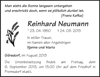 Traueranzeige von Reinhard Neumann von Märkische Oderzeitung