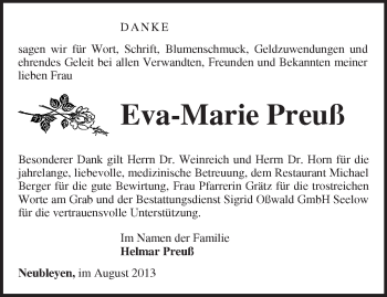 Traueranzeige von Eva-Marie Preuß von Märkische Oderzeitung
