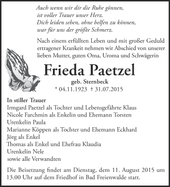 Traueranzeige von Frieda Paetzel von Märkische Oderzeitung