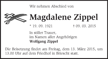 Traueranzeige von Magdalene Zippel von Märkische Oderzeitung