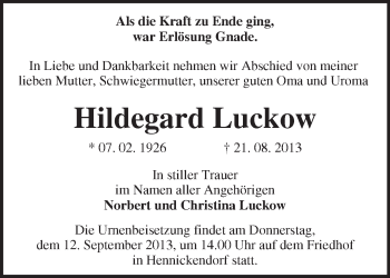 Traueranzeige von Hildegard Luckow von Märkische Oderzeitung