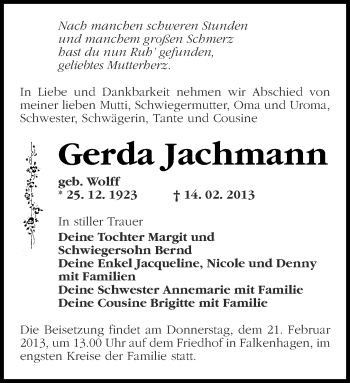 Traueranzeige von Gerda Jachmann von Märkische Oderzeitung