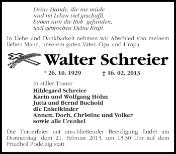 Traueranzeige von Walter Schreier von Märkische Oderzeitung