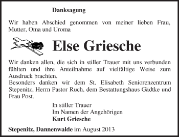 Traueranzeige von Else Griesche von Märkische Oderzeitung