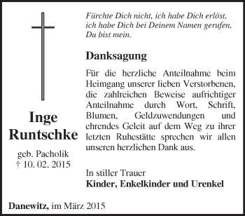 Traueranzeige von Inge Runtschke von Märkische Oderzeitung