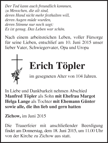 Traueranzeige von Erich Töpler von Märkische Oderzeitung