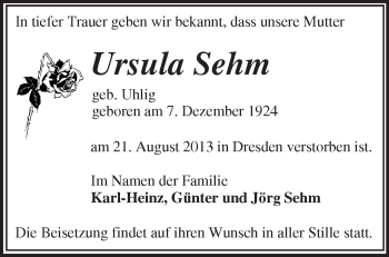 Traueranzeige von Ursula Sehm von Märkische Oderzeitung