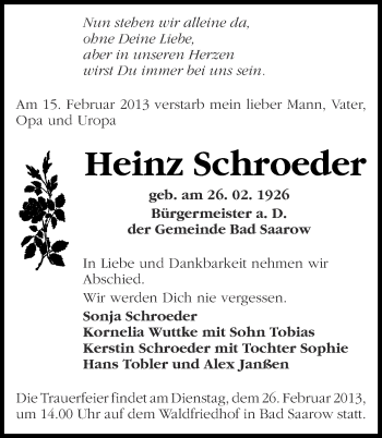 Traueranzeige von Heinz Schroeder von Märkische Oderzeitung