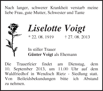 Traueranzeige von Liselotte Voigt von Märkische Oderzeitung