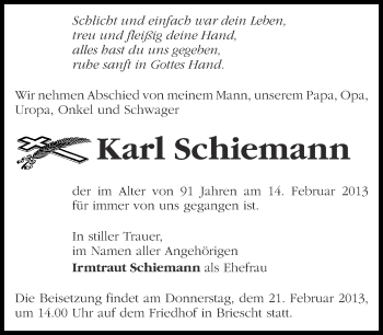 Traueranzeige von Karl Schiemann von Märkische Oderzeitung