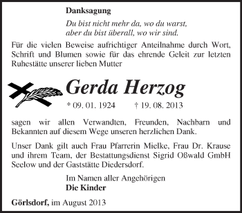 Traueranzeige von Gerda Herzog von Märkische Oderzeitung