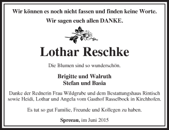 Traueranzeige von Lothar Reschke von Märkische Oderzeitung