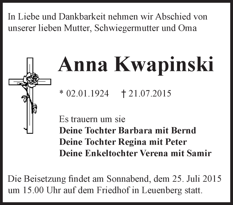  Traueranzeige für Anna Kwapinski vom 24.07.2015 aus Märkische Oderzeitung