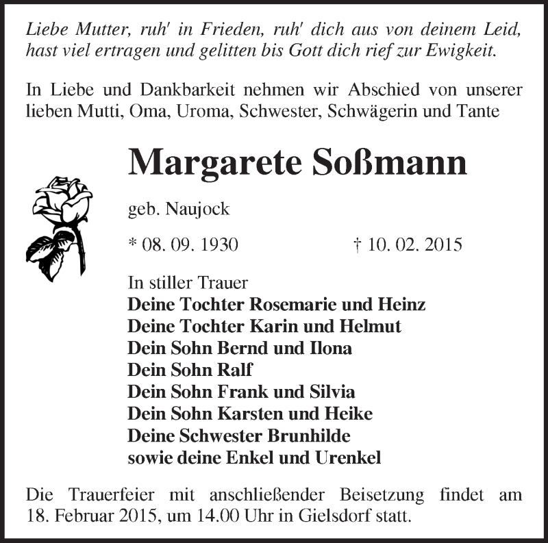  Traueranzeige für Margarete Soßmann vom 14.02.2015 aus Märkische Oderzeitung