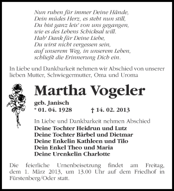 Traueranzeige von Martha Vogeler von Märkische Oderzeitung