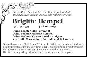 Traueranzeige von Brigitte Hempel von Märkische Oderzeitung