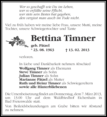 Traueranzeige von Bettina Timner von Märkische Oderzeitung