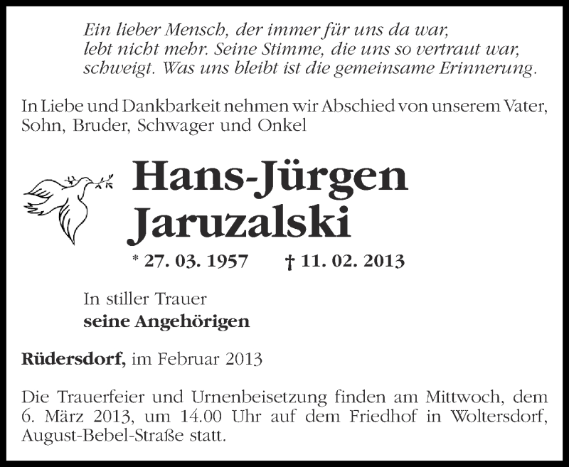  Traueranzeige für Hans-Jürgen Jaruzalski vom 20.02.2013 aus Märkische Oderzeitung