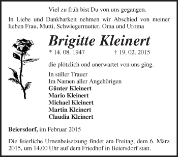 Traueranzeige von Brigitte Kleinert von Märkische Oderzeitung