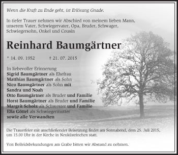 Traueranzeige von Reinhard Baumgärtner von Märkische Oderzeitung