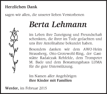 Traueranzeige von Berta Lehmann von Märkische Oderzeitung