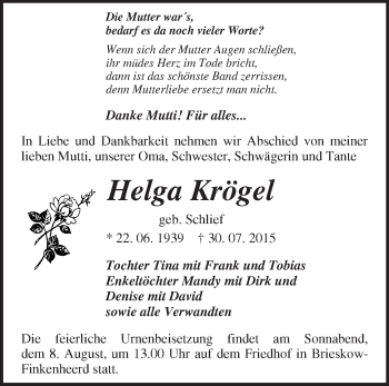 Traueranzeige von Helga Krögel von Märkische Oderzeitung