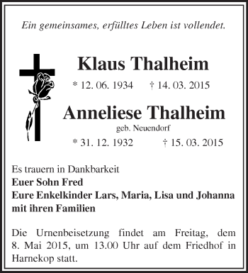 Traueranzeige von Klaus und Anneliese Thalheim von Märkische Oderzeitung