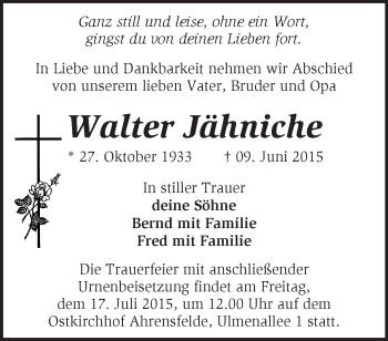 Traueranzeige von Walter Jähnische von Märkische Oderzeitung