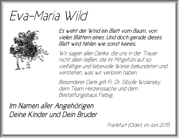 Traueranzeige von Eva-Maria Wild von Märkische Oderzeitung