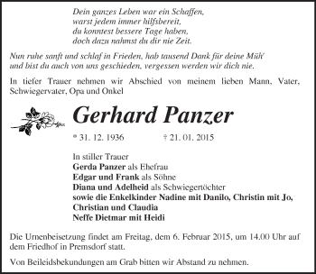 Traueranzeige von Gerhard Panzer von Märkische Oderzeitung