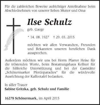 Traueranzeige von Ilse Schulz von Märkische Oderzeitung